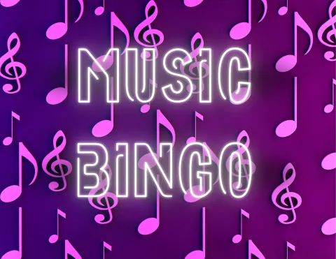 Musical note icons and treble clef background with neon lights