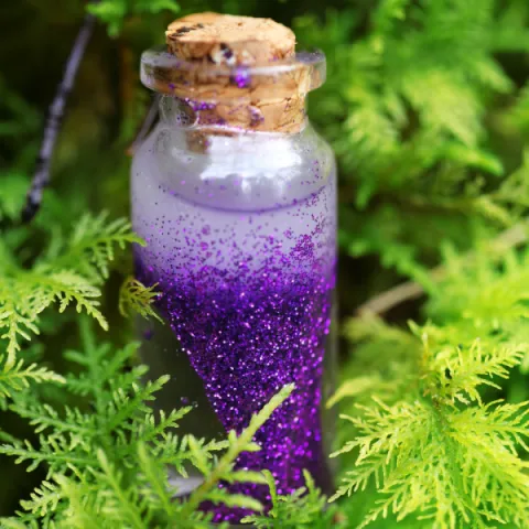 Small jar with cork filled with water and glitter sitting amongst plants.
